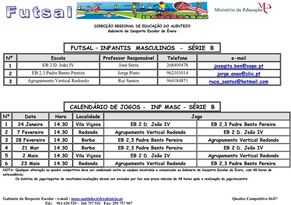 João IV EB 2,3 Padre Bento Pereira 2 7 Fevereiro 14.30 Redondo Agrupamento Vertical Redondo EB 2 D. João IV 3 28 Fevereiro 14.