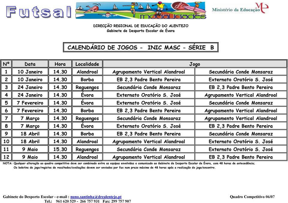 José Agrupamento Vertical Alandroal 5 7 Fevereiro 14.30 Évora Externato Oratório S. José Secundária Conde Monsaraz 6 7 Fevereiro 14.