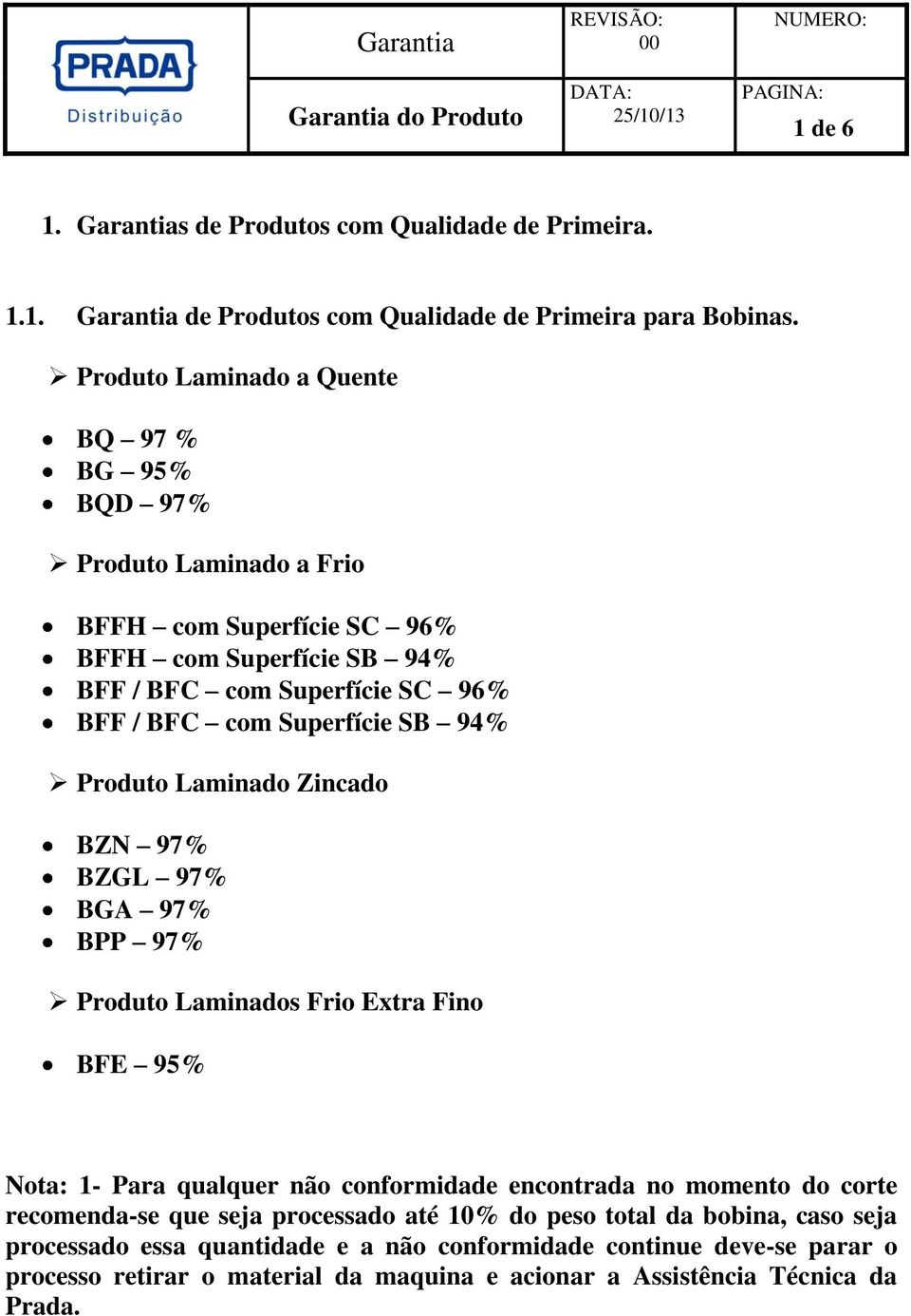 SB 94% Laminado Zincado BZN 97% BZGL 97% BGA 97% BPP 97% Laminados Frio Extra Fino BFE 95% Nota: 1- Para qualquer não conformidade encontrada no momento do corte