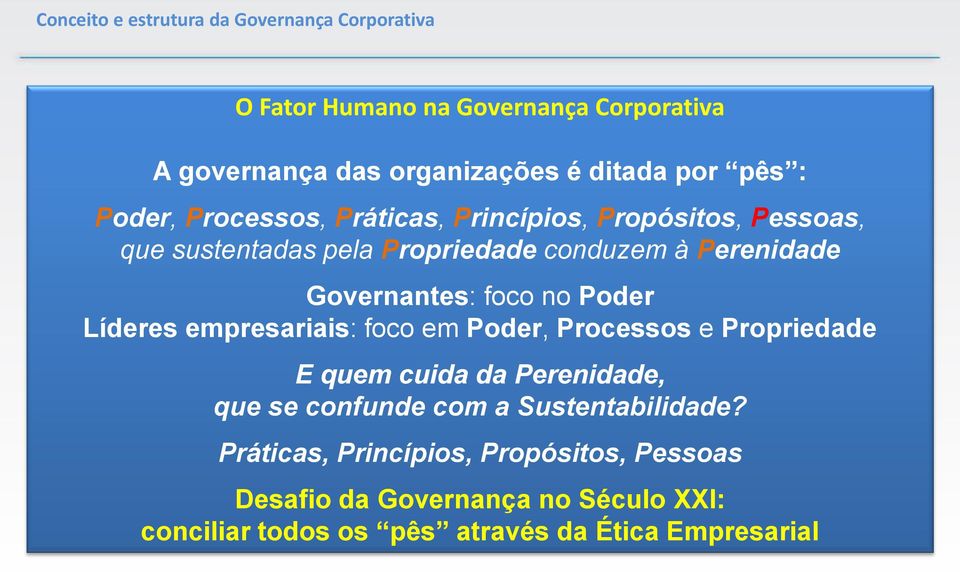 foco no Poder Líderes empresariais: foco em Poder, Processos e Propriedade E quem cuida da Perenidade, que se confunde com a