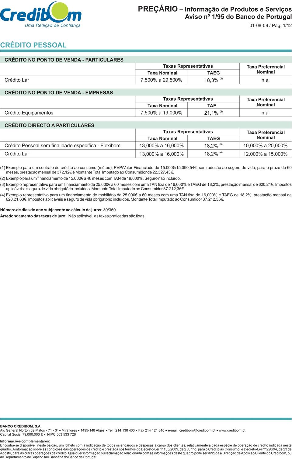 Equipmentos CRÉDITO DIRECTO A PARTICULARES Crédito Pessol sem finlidde específic - Flexibom Crédito Lr Txs Representtivs Tx Nominl TAE 7,500% 19,000% 21,1% Txs Representtivs Tx Nominl 13,000% 16,000%