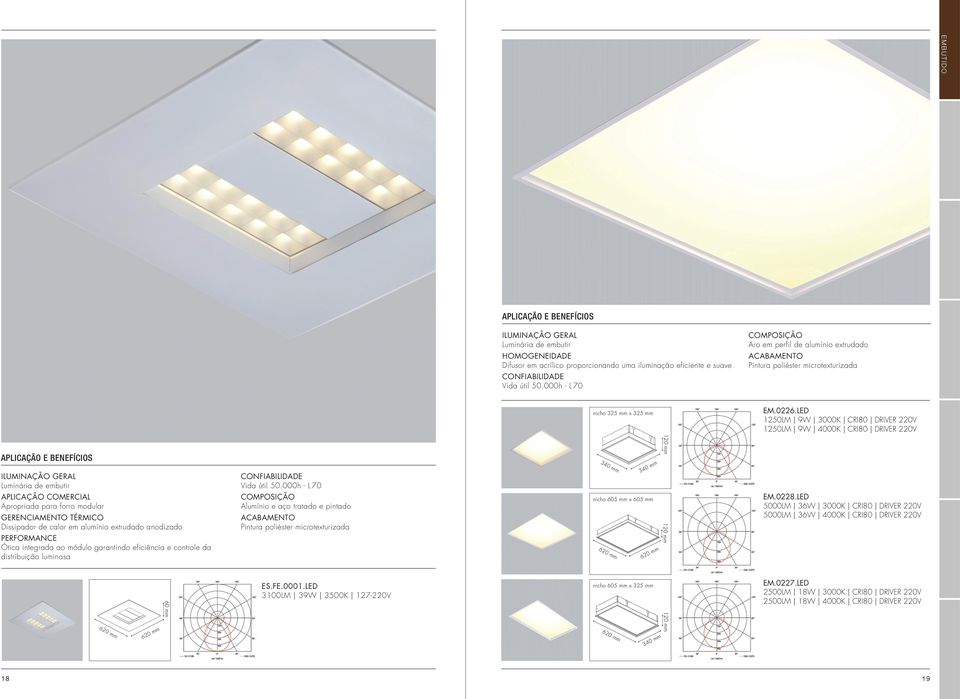 LED 1250LM 9W 3000K CRI80 DRIVER 220V 1250LM 9W 4000K CRI80 DRIVER 220V ILUMINAÇÃO GERAL Luinária de ebutir APLICAÇÃO COMERCIAL Apropriada para forro odular GERENCIAMENTO TÉRMICO Dissipador de calor