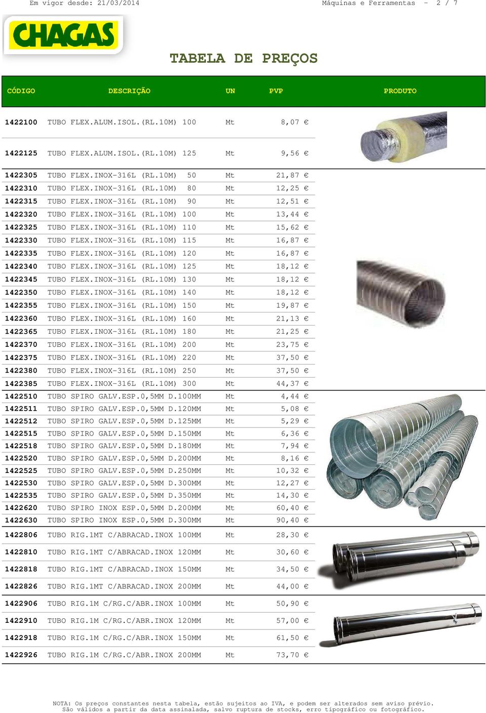 INOX-316L (RL.10M) 115 Mt 16,87 1422335 TUBO FLEX.INOX-316L (RL.10M) 120 Mt 16,87 1422340 TUBO FLEX.INOX-316L (RL.10M) 125 Mt 18,12 1422345 TUBO FLEX.INOX-316L (RL.10M) 130 Mt 18,12 1422350 TUBO FLEX.