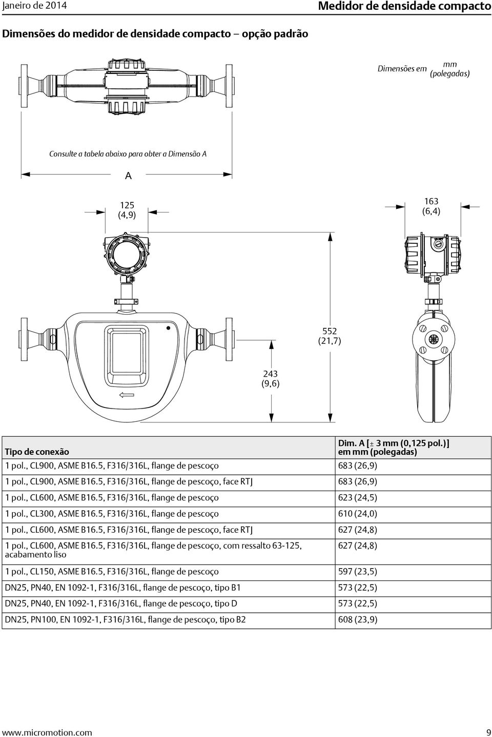 , CL600, ASME B16.5, F316/316L, flange de pescoço 623 (24,5) 1 pol., CL300, ASME B16.5, F316/316L, flange de pescoço 610 (24,0) 1 pol., CL600, ASME B16.5, F316/316L, flange de pescoço, face RTJ 627 (24,8) 1 pol.