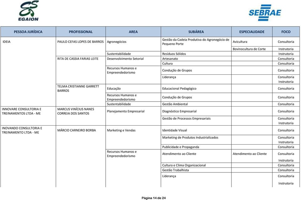 CONSULTORIA E TREINAMENTOS LTDA - ME INOVANDO CONSULTORIA E TREINAMENTO LTDA - ME MARCUS VINÍCIUS NANES CORREIA DOS SANTOS Planejamento Empresarial Diagnóstico Empresarial MÁRCIO CARNEIRO BORBA