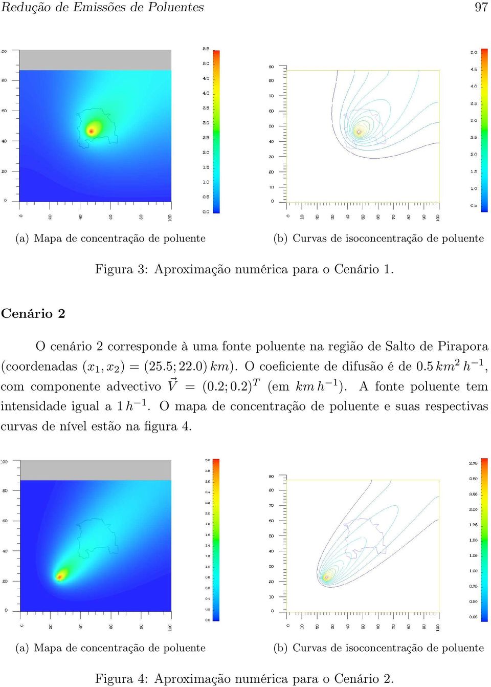 5 km 2 h 1, com componente advectivo V = (0.2; 0.2) T (em km h 1 ). A fonte poluente tem intensidade igual a 1 h 1.