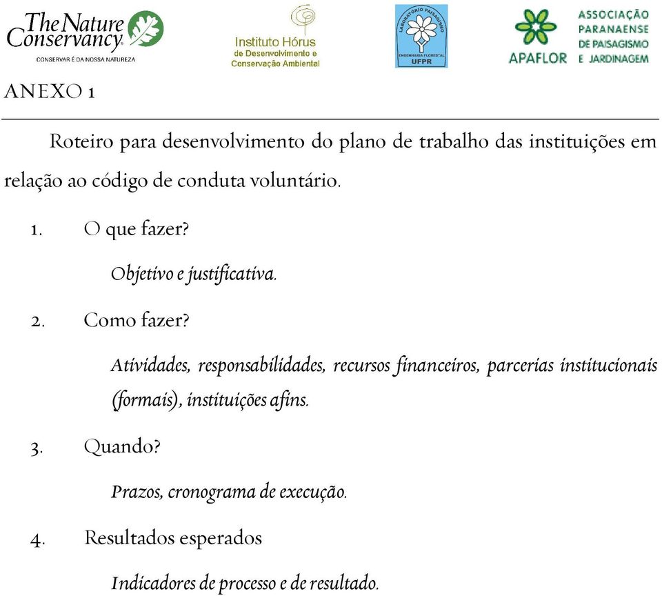 Atividades, responsabilidades, recursos financeiros, parcerias institucionais (formais),