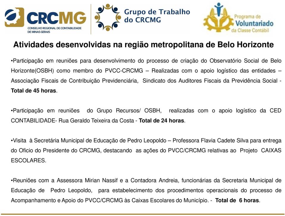 Participação em reuniões do Grupo Recursos/ OSBH, realizadas com o apoio logístico da CED CONTABILIDADE- Rua Geraldo Teixeira da Costa - Total de 24 horas.