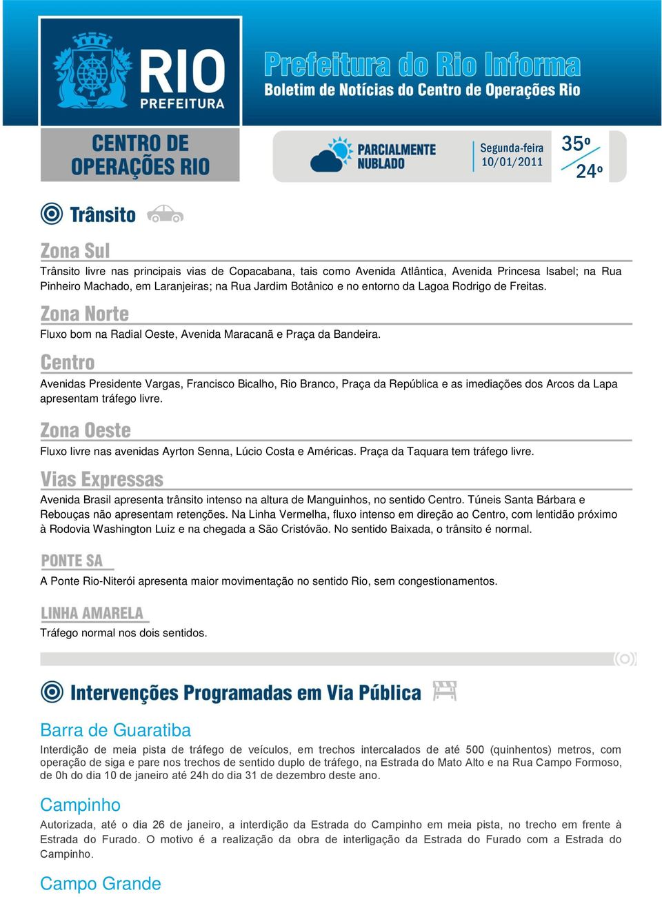 Avenidas Presidente Vargas, Francisco Bicalho, Rio Branco, Praça da República e as imediações dos Arcos da Lapa apresentam tráfego livre. Fluxo livre nas avenidas Ayrton Senna, Lúcio Costa e Américas.