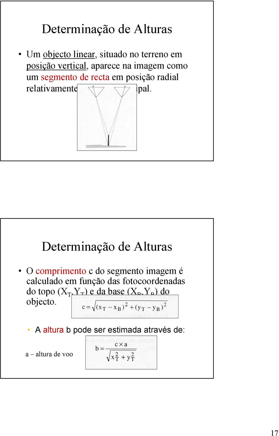 Determinação de Alturas O comprimento c do segmento imagem é calculado em função das