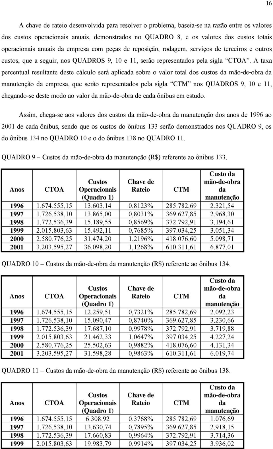 A taxa percentual resultante deste cálculo será aplicada sobre o valor total dos custos da mão-de-obra da manutenção da empresa, que serão representados pela sigla CTM nos QUADROS 9, 10 e 11,