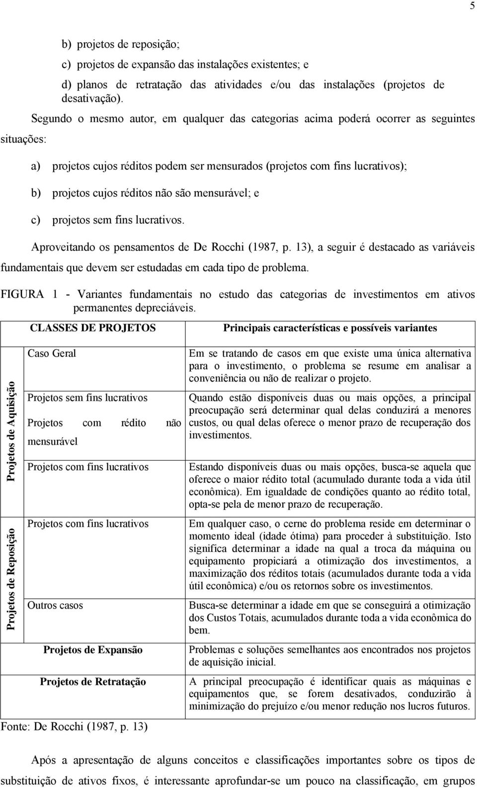 mensurável; e c) projetos sem fins lucrativos. Aproveitando os pensamentos de De Rocchi (1987, p. 13), a seguir é destacado as variáveis fundamentais que devem ser estudadas em cada tipo de problema.