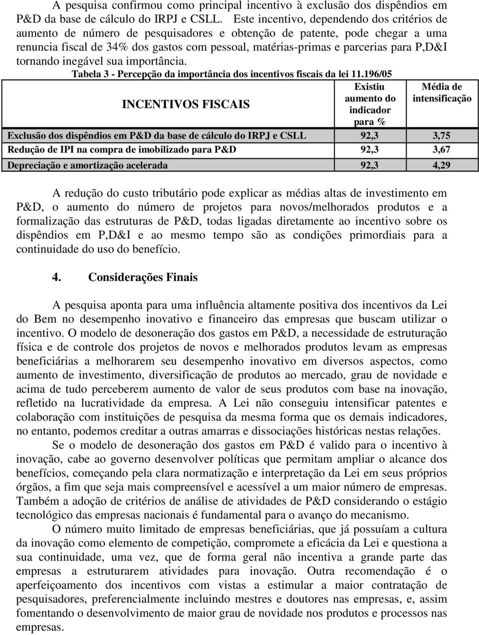 P,D&I tornando inegável sua importância. Tabela 3 - Percepção da importância dos incentivos fiscais da lei 11.