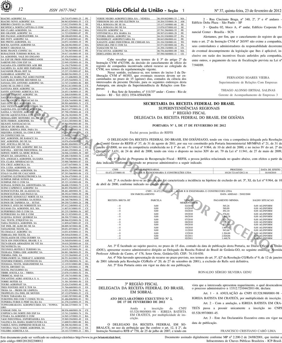 848/0001-62 PE RIO PRETO AGROINDL SA 24.072.183/0001-19 PE ROCHA SANTOS AGROIND SA 06.246.961/0001-67 MA ROMCY GRANJAS SA 07.527.948/0001-49 CE ROSE FRANCE CONFEC SA 12.784.