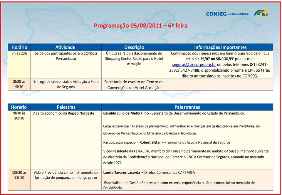 pelo e-mail seguros@sincorpe.org.br ou pelos telefones (81) 3241-2882/ 3427-3488, disponibilizando o nome e CPF. Só terão direito ao translado os inscritos no CONSEG.