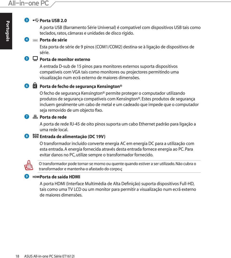 5 Porta de monitor externo A entrada D-sub de 15 pinos para monitores externos suporta dispositivos compatíveis com VGA tais como monitores ou projectores permitindo uma visualização num ecrã externo