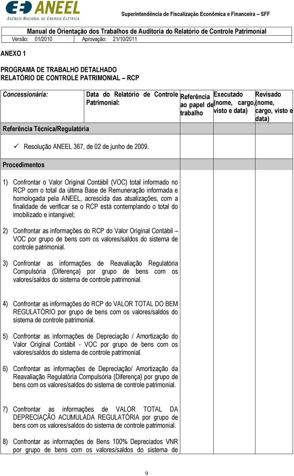 Procedimentos 1) Confrontar o Valor Original Contábil (VOC) total informado no RCP com o total da última Base de Remuneração informada e homologada pela ANEEL, acrescida das atualizações, com a