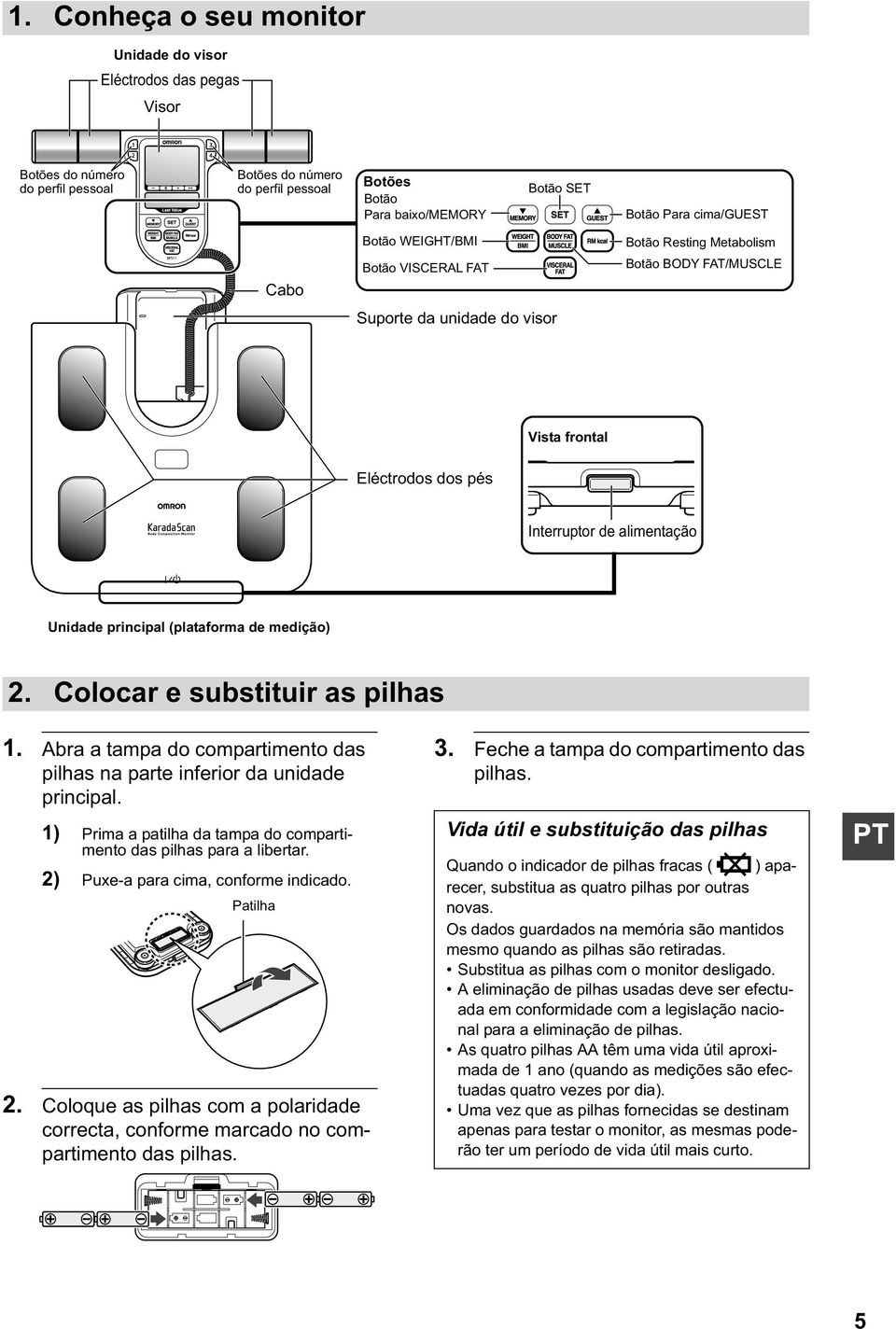 Cabo Botão WEIGHT/BMI Botão VISCERAL FAT Suporte da unidade do visor Botão Resting Metabolism Botão BODY FAT/MUSCLE Vista frontal Eléctrodos dos pés Interruptor de alimentação Unidade principal