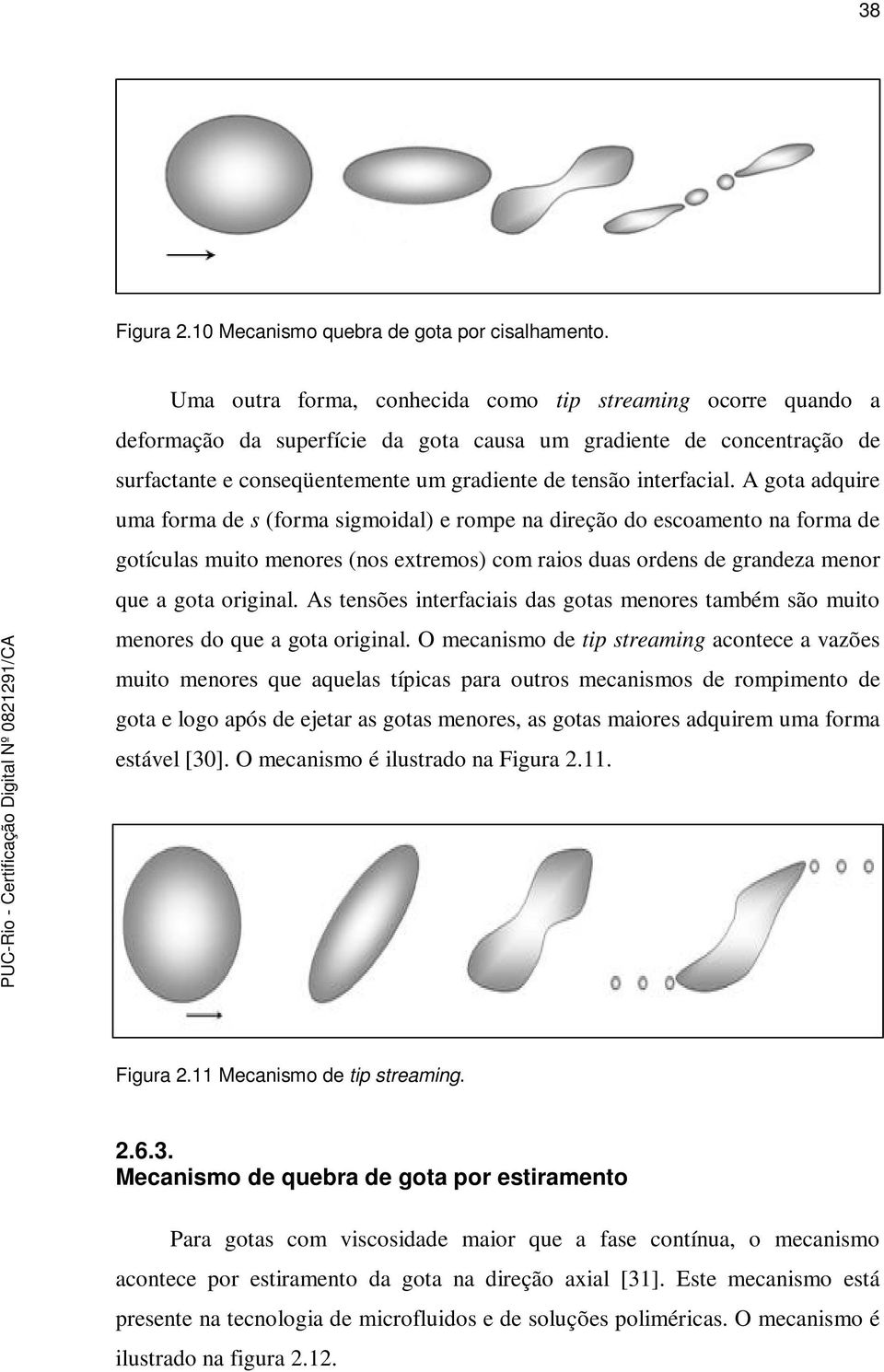 A gota adquire uma forma de s (forma sigmoidal) e rompe na direção do escoamento na forma de gotículas muito menores (nos extremos) com raios duas ordens de grandeza menor que a gota original.