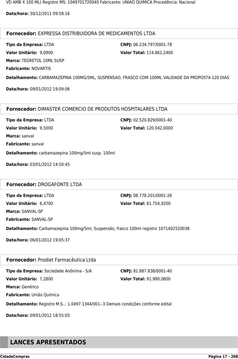 861,2400 Marca: TEGRETOL 10ML SUSP Fabricante: NOVARTIS Detalhamento: CARBAMAZEPINA 100MG/5ML, SUSPENSAO, FRASCO COM 100ML VALIDADE DA PROPOSTA 120 DIAS Data/hora: 09/01/2012 19:09:06 Fornecedor: