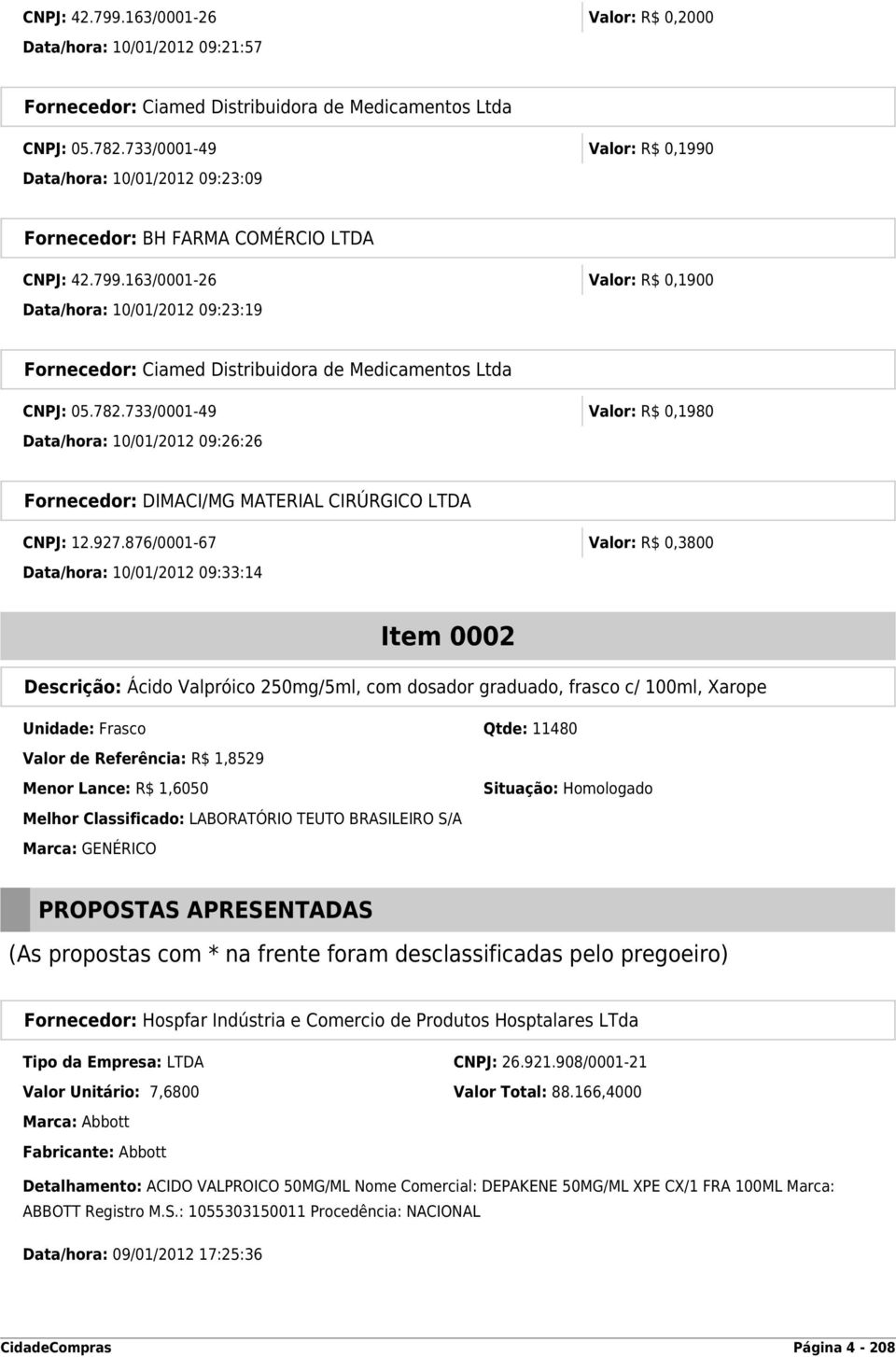 163/0001-26 Valor: R$ 0,1900 Data/hora: 10/01/2012 09:23:19 Fornecedor: Ciamed Distribuidora de Medicamentos Ltda CNPJ: 05.782.