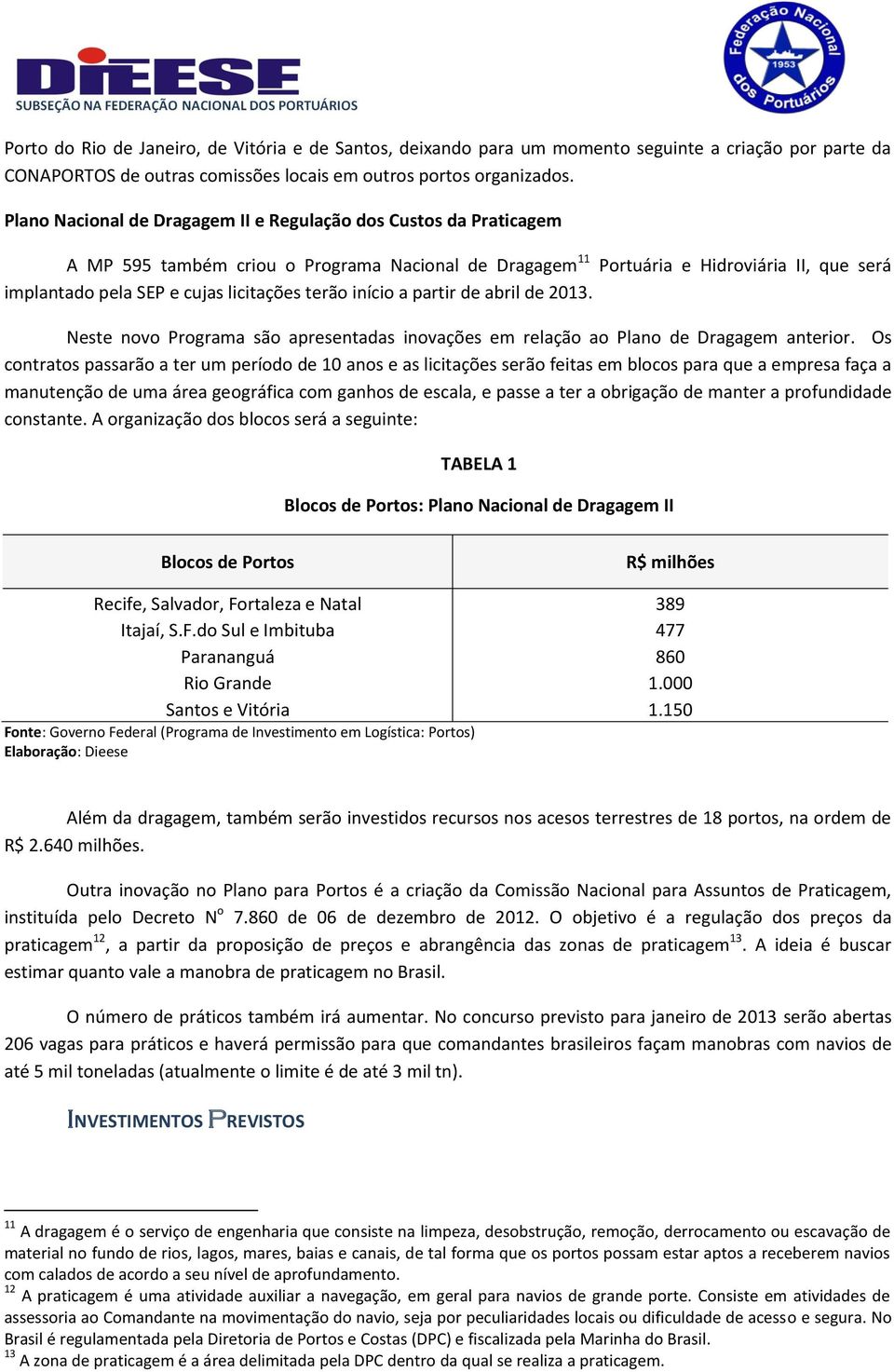 terão início a partir de abril de 2013. Neste novo Programa são apresentadas inovações em relação ao Plano de Dragagem anterior.