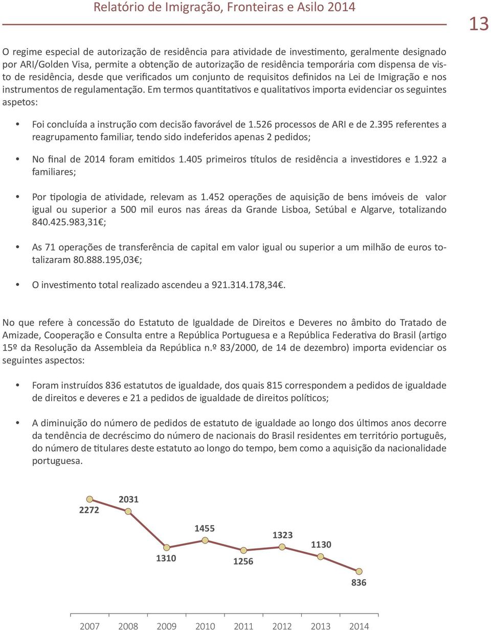 Em termos quantitativos e qualitativos importa evidenciar os seguintes aspetos: Foi concluída a instrução com decisão favorável de 1.526 processos de ARI e de 2.