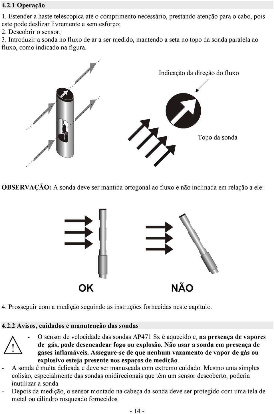 Indicação da direção do fluxo Topo da sonda OBSERVAÇÃO: A sonda deve ser mantida ortogonal ao fluxo e não inclinada em relação a ele: OK NÃO 4.