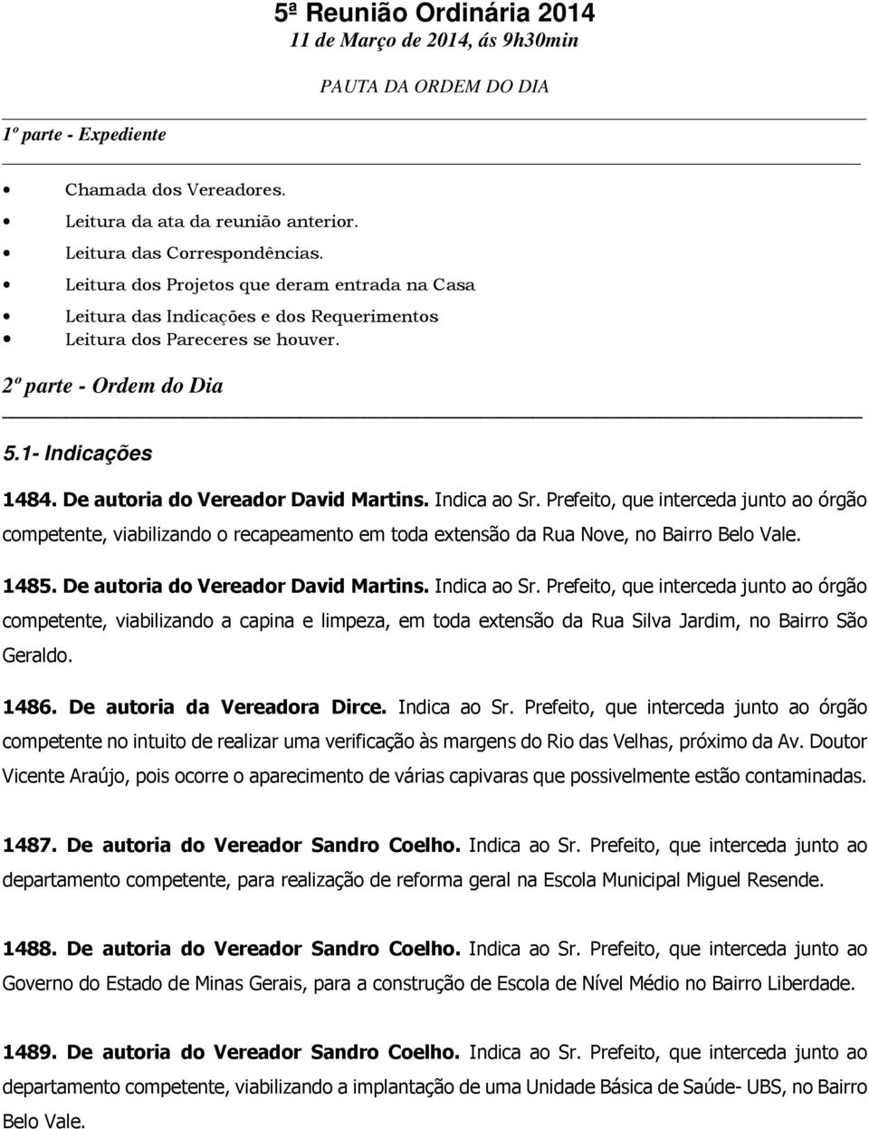 De autoria do Vereador David Martins. Indica ao Sr. Prefeito, que interceda junto ao órgão competente, viabilizando o recapeamento em toda extensão da Rua Nove, no Bairro Belo Vale. 1485.