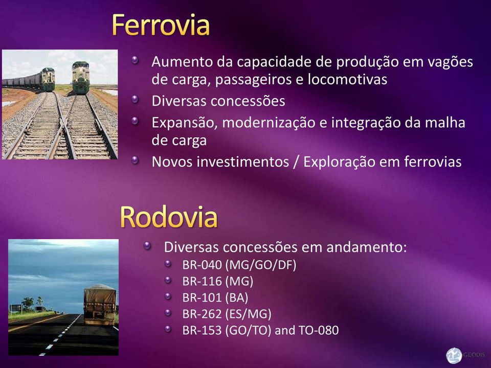 de carga Novos investimentos / Exploração em ferrovias Diversas concessões em