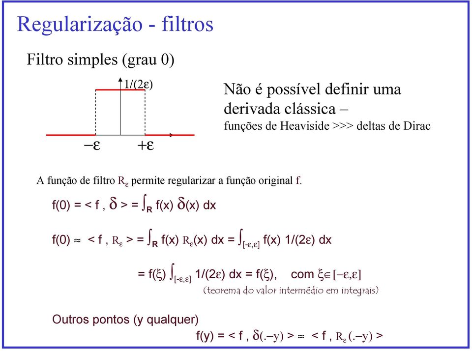 f(0) = < f, δ > = R f(x) δ(x) dx f(0) < f, R ε > = R f(x) R ε (x) dx = [-ε,ε] f(x) 1/(2ε) dx = f(ξ) [-ε,ε] 1/(2ε)
