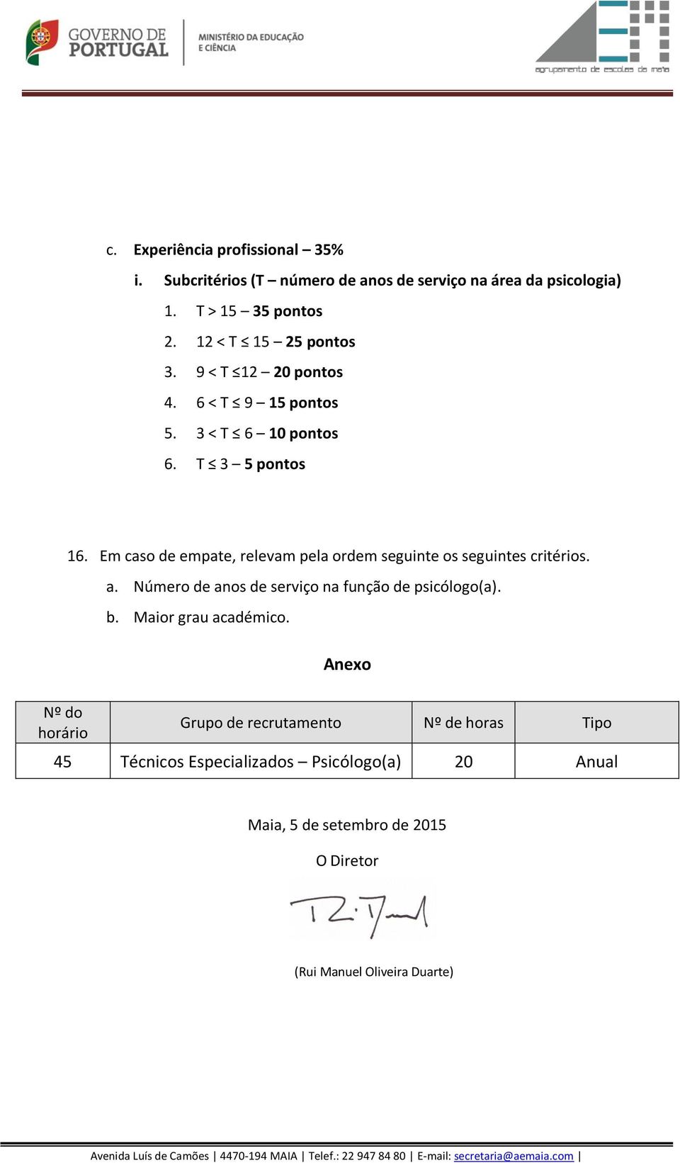 Em caso de empate, relevam pela ordem seguinte os seguintes critérios. a. Número de anos de serviço na função de psicólogo(a). b.