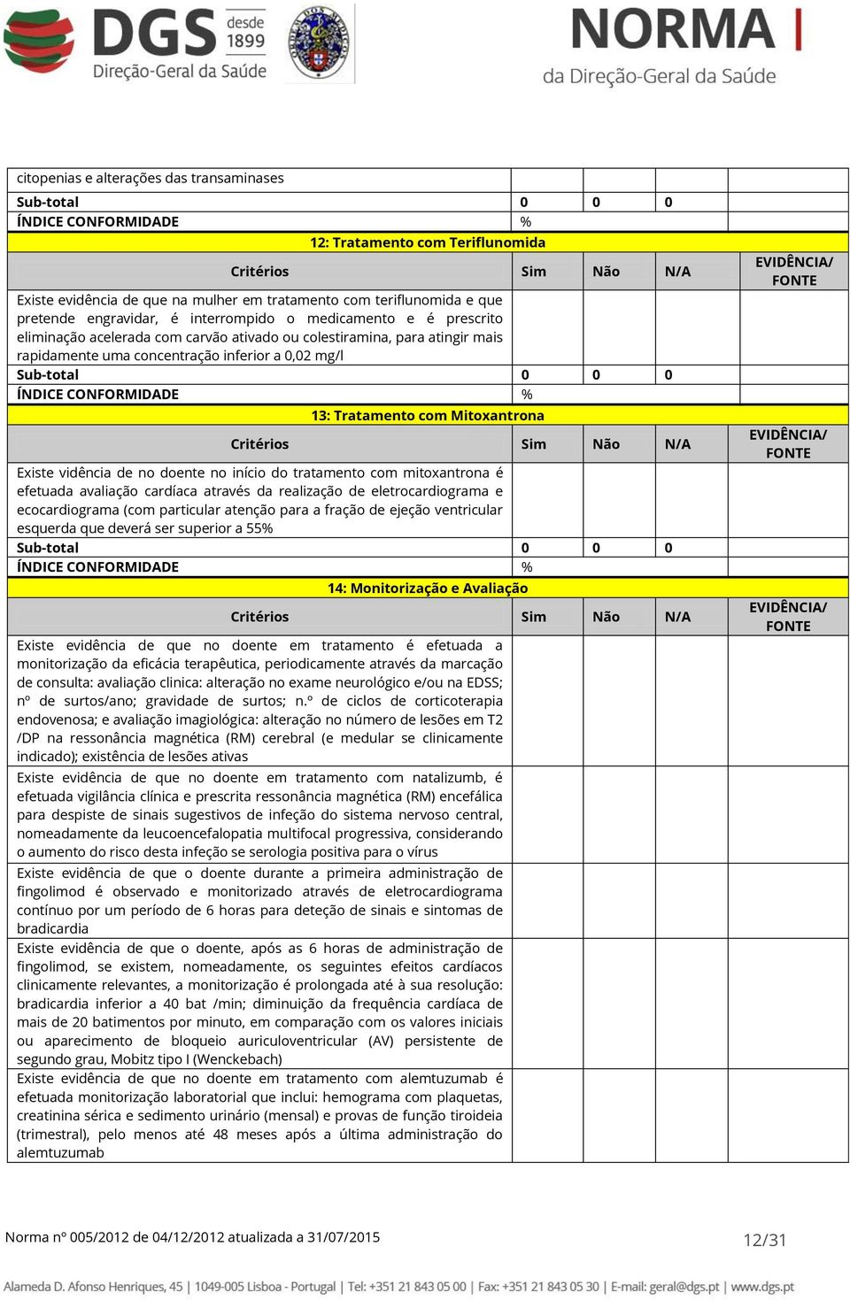 0,02 mg/l Sub-total 0 0 0 ÍNDICE CONFORMIDADE % 13: Tratamento com Mitoxantrona Critérios Sim Não N/A Existe vidência de no doente no início do tratamento com mitoxantrona é efetuada avaliação