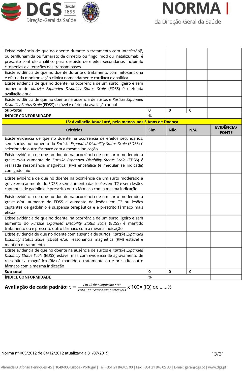 analítica Existe evidência de que no doente, na ocorrência de um surto ligeiro e sem aumento do Kurtzke Expanded Disability Status Scale (EDSS) é efetuada avaliação anual Existe evidência de que no