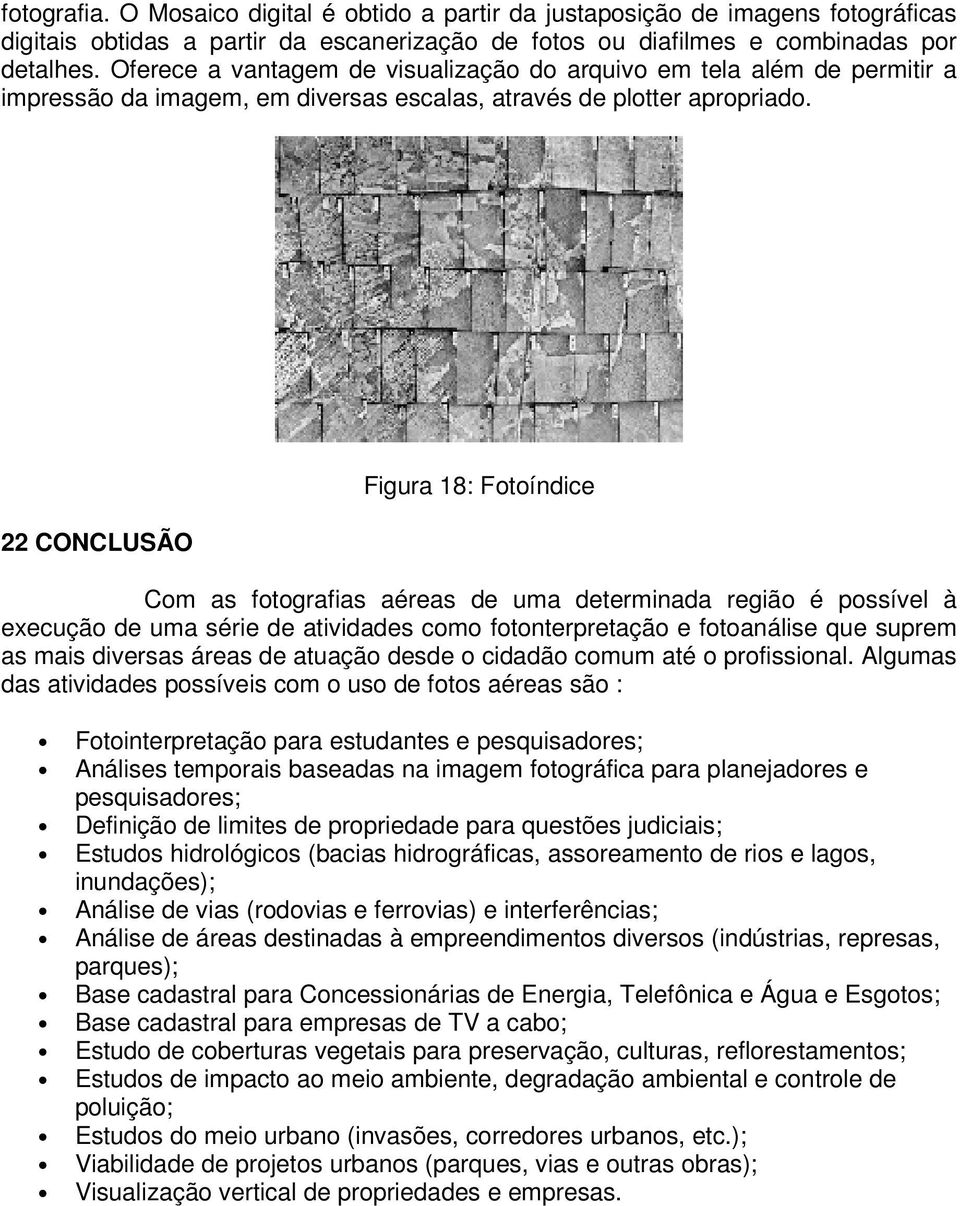 22 CONCLUSÃO Figura 18: Fotoíndice Com as fotografias aéreas de uma determinada região é possível à execução de uma série de atividades como fotonterpretação e fotoanálise que suprem as mais diversas