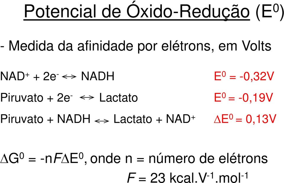 - Lactato E 0 = -0,19V Piruvato + NADH Lactato + NAD + E 0 =