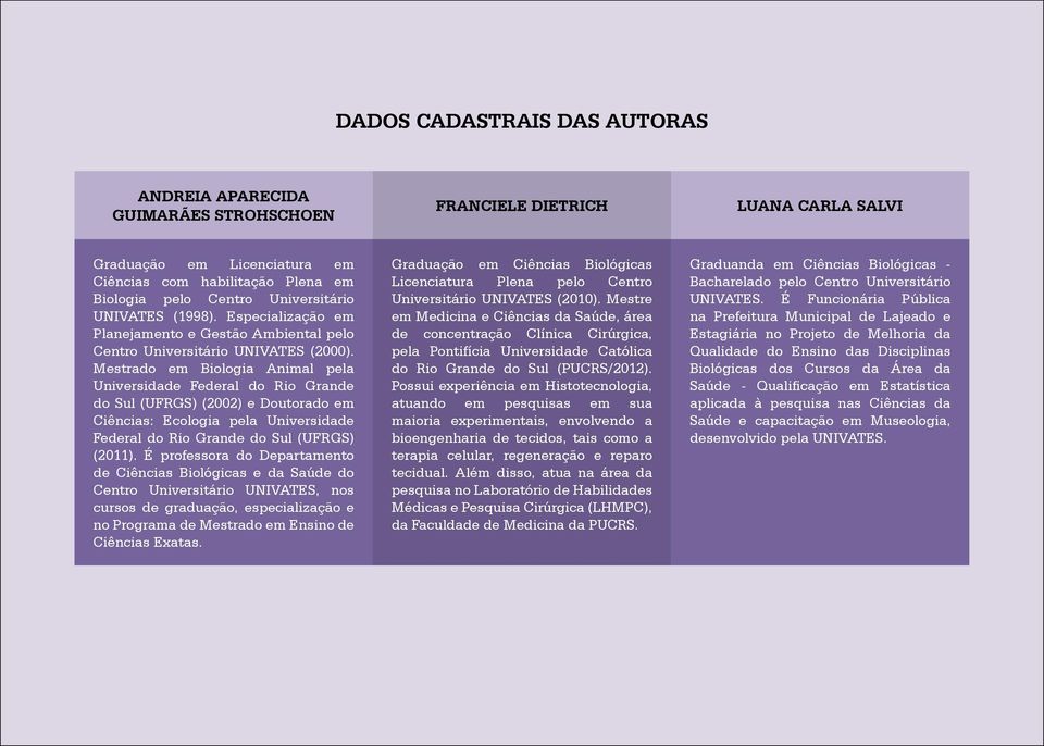 Mestrado em iologia nimal pela Universidade Federal do Rio Grande do Sul (UFRGS) (2002) e Doutorado em Ciências: Ecologia pela Universidade Federal do Rio Grande do Sul (UFRGS) (2011).