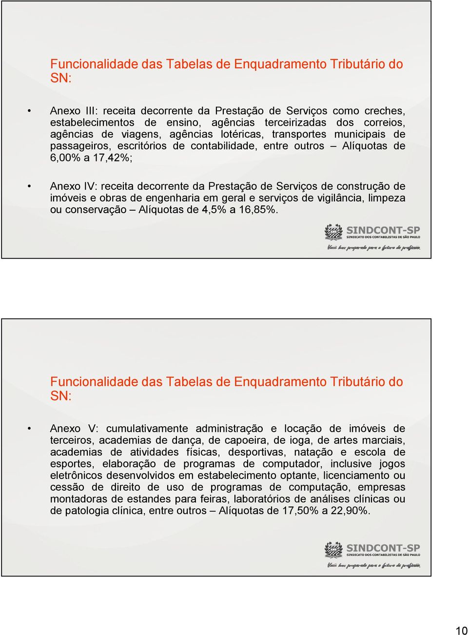 Serviços de construção de imóveis e obras de engenharia em geral e serviços de vigilância, limpeza ou conservação Alíquotas de 4,5% a 16,85%.