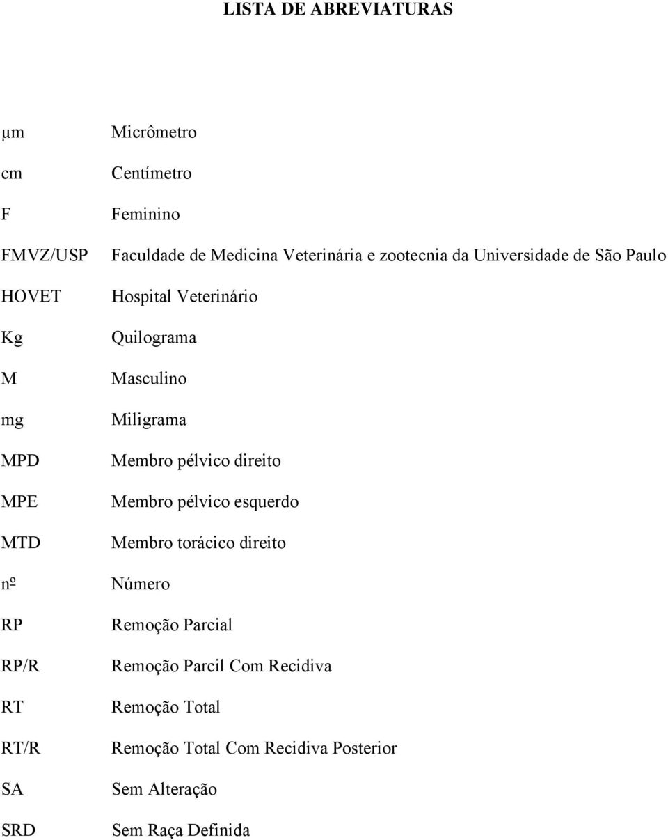 Membro pélvico direito Membro pélvico esquerdo Membro torácico direito nº Número RP RP/R RT RT/R SA SRD Remoção