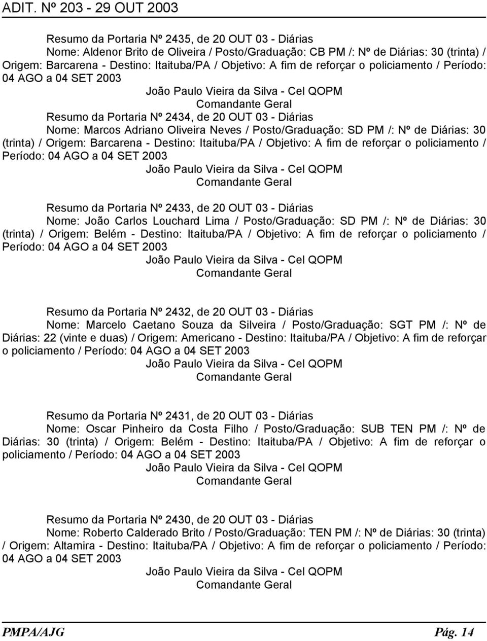 (trinta) / Origem: Barcarena - Destino: Itaituba/PA / Objetivo: A fim de reforçar o policiamento / Período: 04 AGO a 04 SET 2003 Resumo da Portaria Nº 2433, de 20 OUT 03 - Diárias Nome: João Carlos