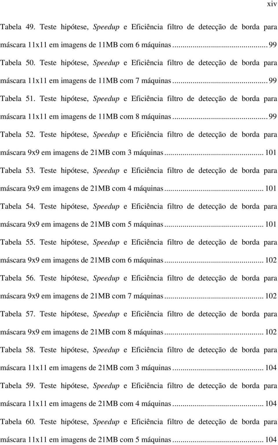 Teste hipótese, Speedup e Eficiência filtro de detecção de borda para máscara 11x11 em imagens de 11MB com 8 máquinas... 99 Tabela 52.