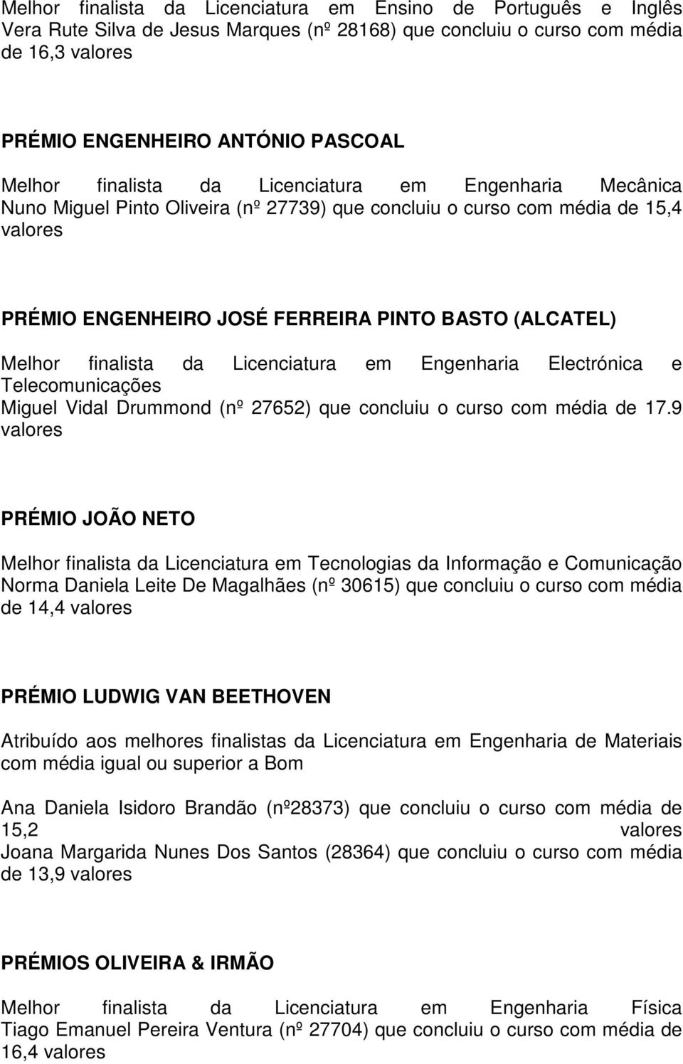 Licenciatura em Engenharia Electrónica e Telecomunicações Miguel Vidal Drummond (nº 27652) que concluiu o curso com média de 17.