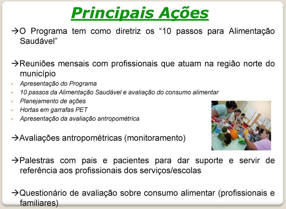 em garrafas PET Apresentação da avaliação antropométrica Avaliações antropométricas (monitoramento) Palestras com pais e pacientes para dar