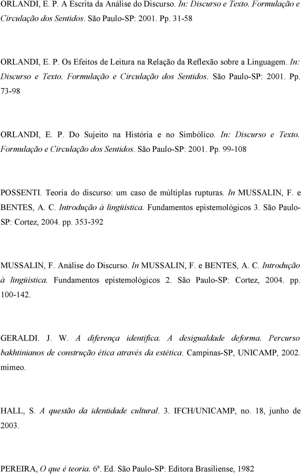 Formulação e Circulação dos Sentidos. São Paulo-SP: 2001. Pp. 99-108 POSSENTI. Teoria do discurso: um caso de múltiplas rupturas. In MUSSALIN, F. e BENTES, A. C. Introdução à lingüística.