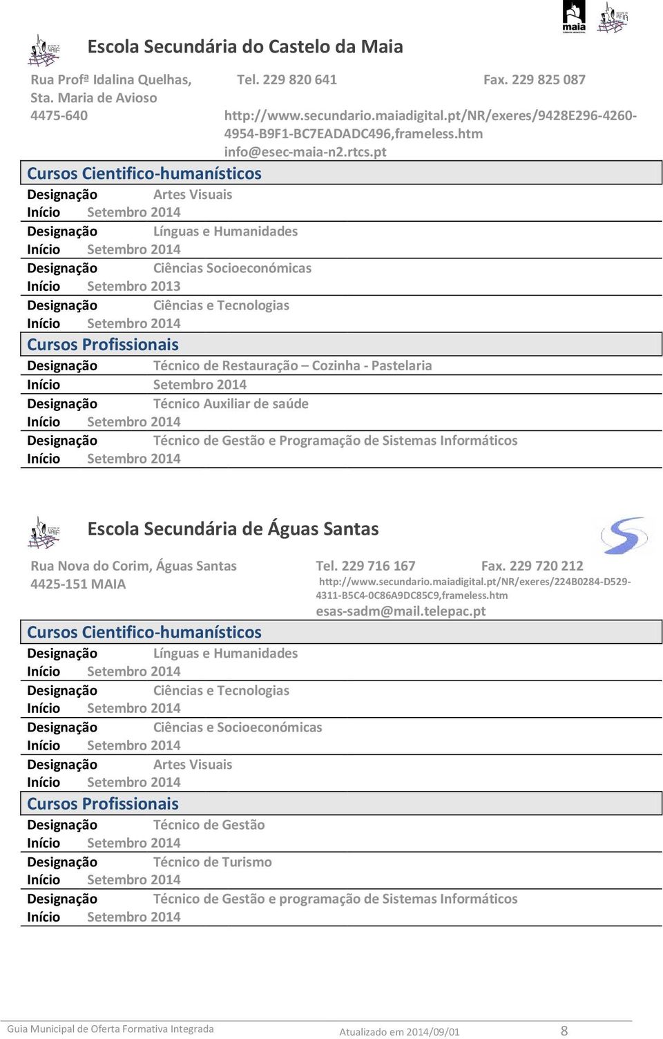 pt Cursos Cientifico-humanísticos Artes Visuais Setembro 2014 Línguas e Humanidades Setembro 2014 Ciências Socioeconómicas Setembro 2013 Ciências e Tecnologias Setembro 2014 Cursos Profissionais