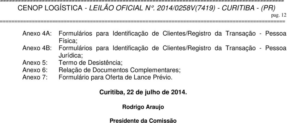 Clientes/Registro da Transação - Pessoa Jurídica; Termo de Desistência; Relação de Documentos