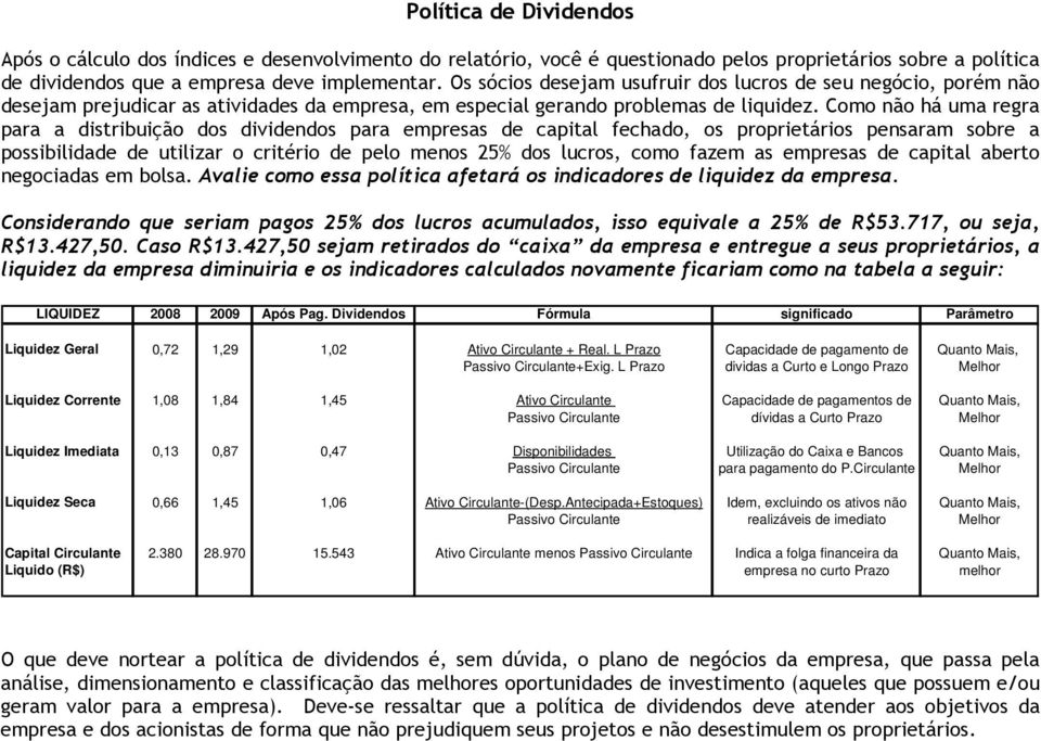 Como não há uma regra para a distribuição dos dividendos para empresas de capital fechado, os proprietários pensaram sobre a possibilidade de utilizar o critério de pelo menos 25% dos lucros, como