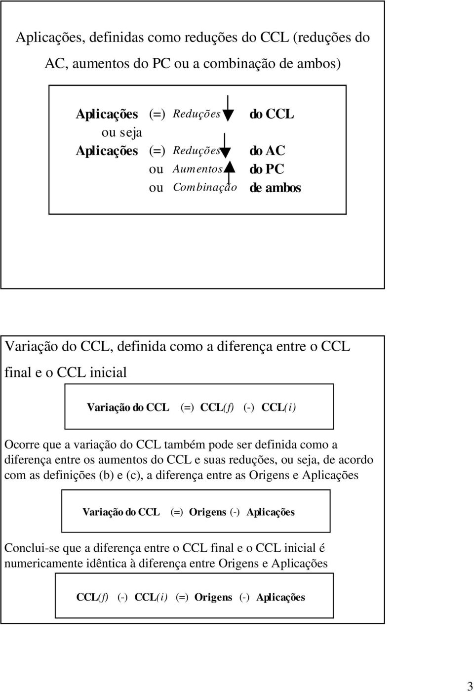 definida como a diferença entre os aumentos do CCL e suas reduções, ou seja, de acordo com as definições (b) e (c), a diferença entre as Origens e Aplicações Variação do CCL (=) Origens