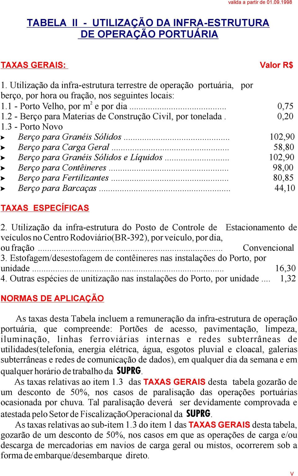 Berçopara Granéis SólidoseLíquidos... 102,90? Berçopara Contêineres... 98,00? Berçopara Fertilizantes... 80,85? Berçopara Barcaças... 44,10 TAXAS ESPECÍFICAS 2.