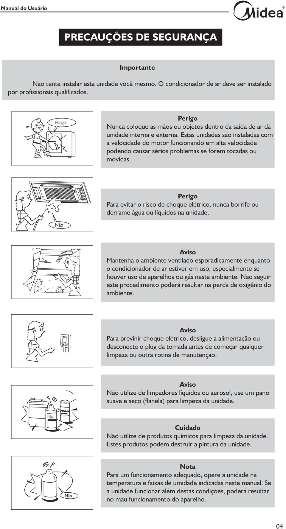 Estas unidades são instaladas com a velocidade do motor funcionando em alta velocidade podendo causar sérios problemas se forem tocadas ou movidas.